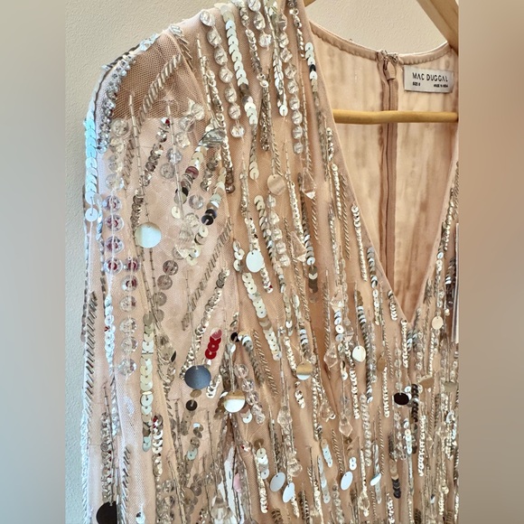 Mac Duggal 93850 | Silver Beaded Fringe | Long Sleeve Plunge |  Sz 6 | NWT - Picture 13 of 14